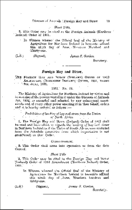 The Foreign Hay and Straw (Ireland) Amendment Order (Northern Ireland) 1931