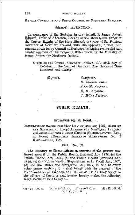 The Public Health (Preservatives, etc. in Food) Amendment Regulations (Northern Ireland) 1931