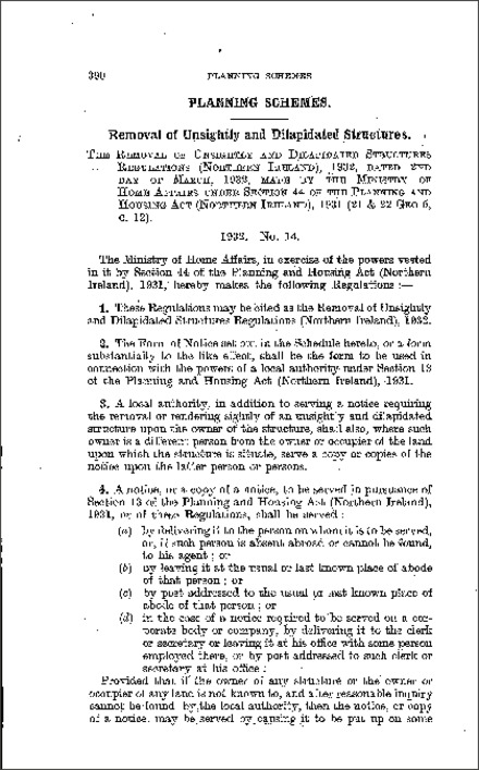 The Removal of Unsightly and Dilapidated Structures Regulations (Northern Ireland) 1932
