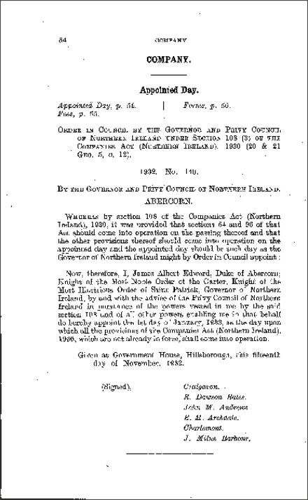 The Company: Appointed day Order (Northern Ireland) 1932