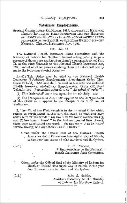 The National Health Insurance (Subsidiary Employments) Amendment Order (Northern Ireland) 1932