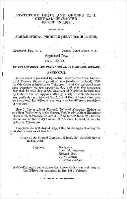 The Agricultural Produce (Meat Regulations) Appointed day Order (Northern Ireland) 1932