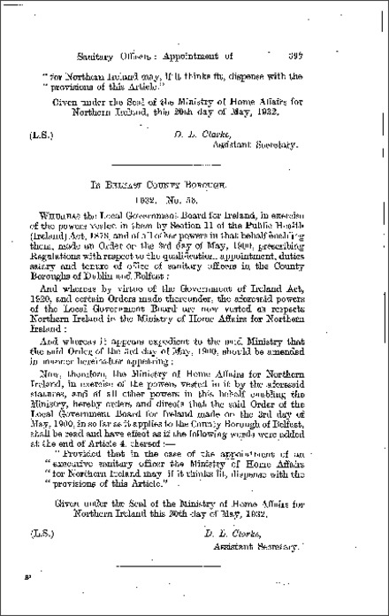 The Public Health: Appointment of Sanitary Officers Order (Northern Ireland) 1932
