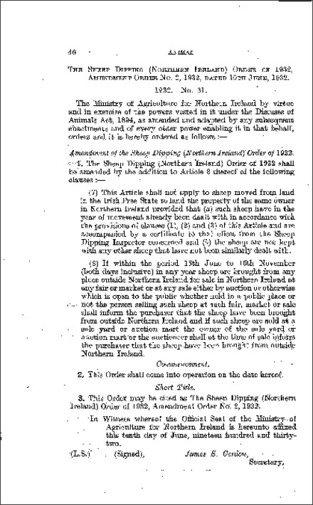 The Sheep Dipping Amendment Order No. 2 (Northern Ireland) 1932