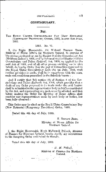 The Royal Ulster Constabulary Pay (New Entrants) (Temporary Provisions) Order (Northern Ireland) 1932