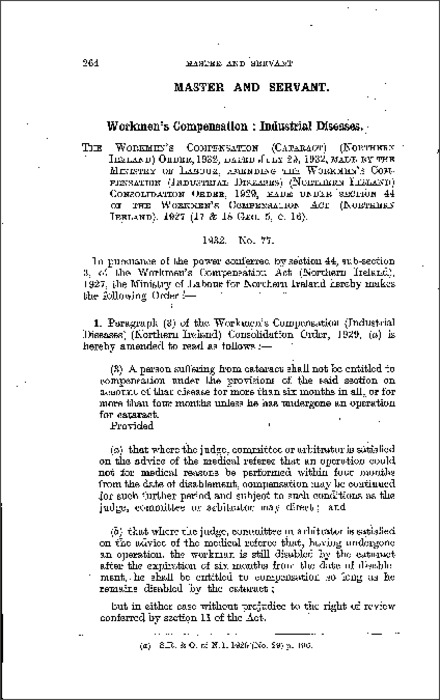 The Workmen's Compensation (Cataract) Order (Northern Ireland) 1932