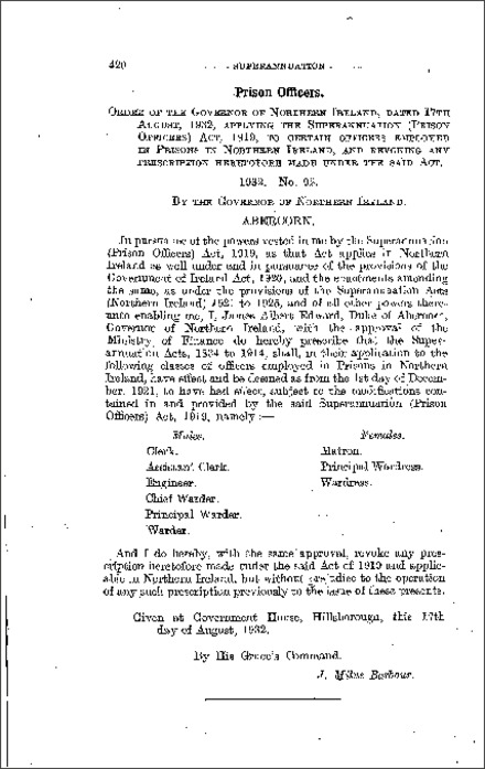 The Superannuation: Prison Officers Order (Northern Ireland) 1932
