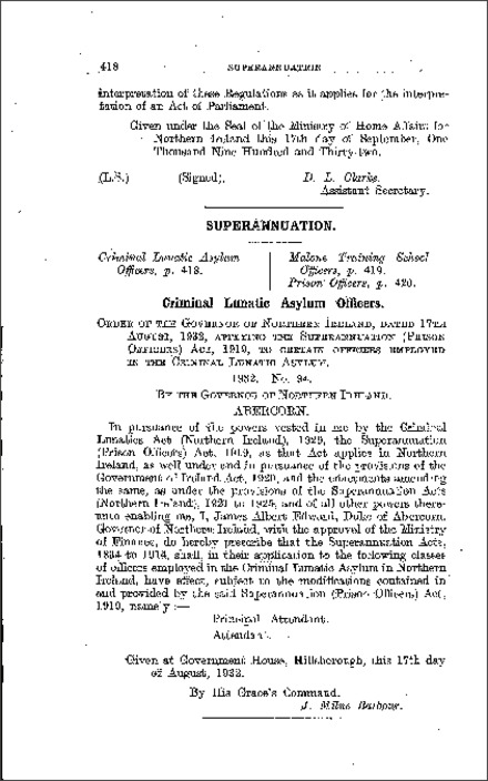 The Criminal Lunatic Asylum Officers Superannuation Order (Northern Ireland) 1932