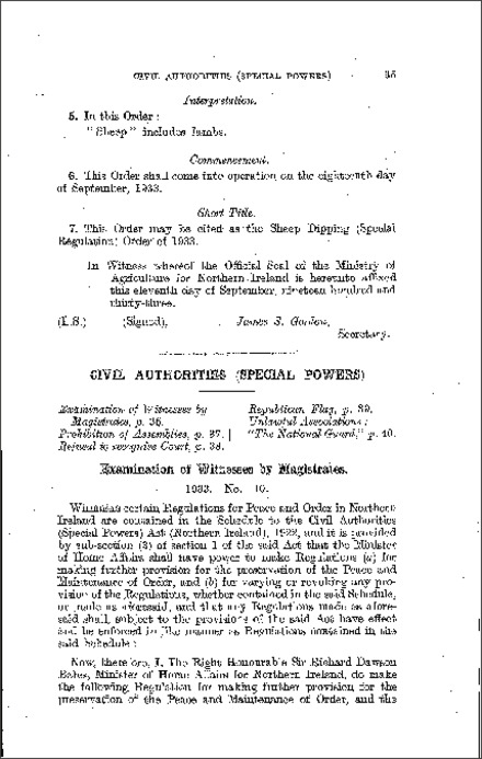 The Civil Authorities (Special Powers) : Examination of Witnesses by Magistrates Regulations (Northern Ireland) 1933