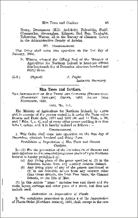 The Importation of Elm Trees and Conifers (Prohibition) Order (Northern Ireland) 1933