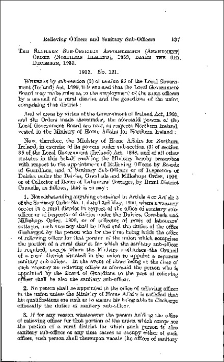 The Sanitary Sub-Officers Appointments (Amendment) Order (Northern Ireland) 1933