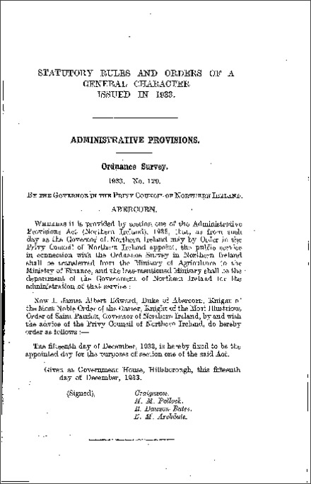 The Administrative Provisions (Ordnance Survey) Order (Northern Ireland) 1933