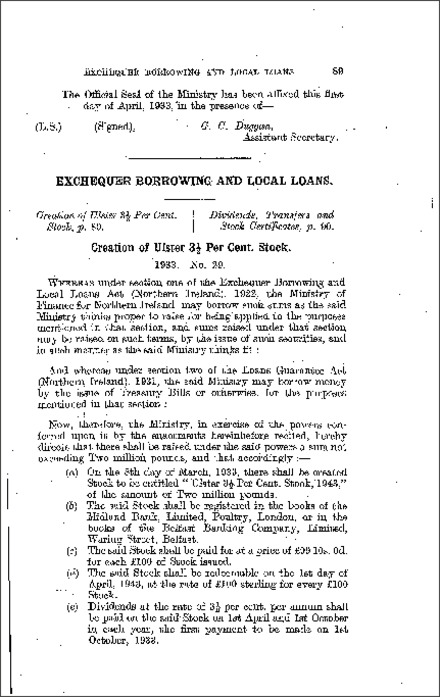 The Exchequer BorRecording and Local Loans Order (Northern Ireland) 1933