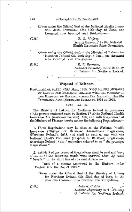 The National Health Insurance (Disposal of Balances) Amendment Regulations (Northern Ireland) 1933