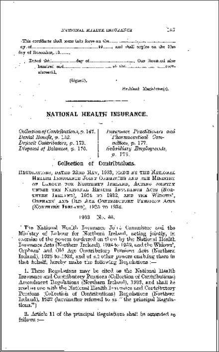 The National Health Insurance and Contributory Pensions (Collection of Contributions) Amendment Regulations (Northern Ireland) 1933