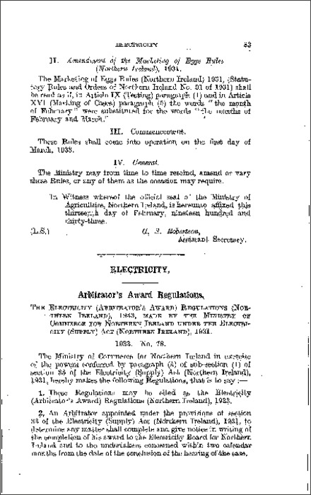The Electricity (Arbitrator's Award) Regulations (Northern Ireland) 1933