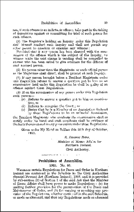The Civil Authorities (Special Powers) Prohibition of Assemblies Regulations (Northern Ireland) 1933