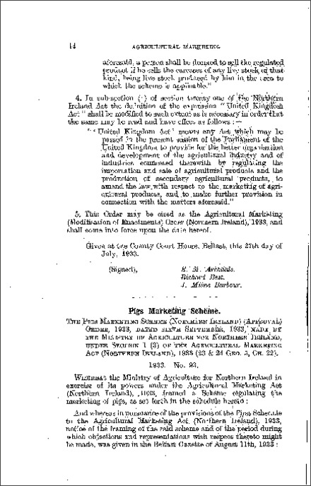 The Pigs Marketing Scheme (Approval) Order (Northern Ireland) 1933