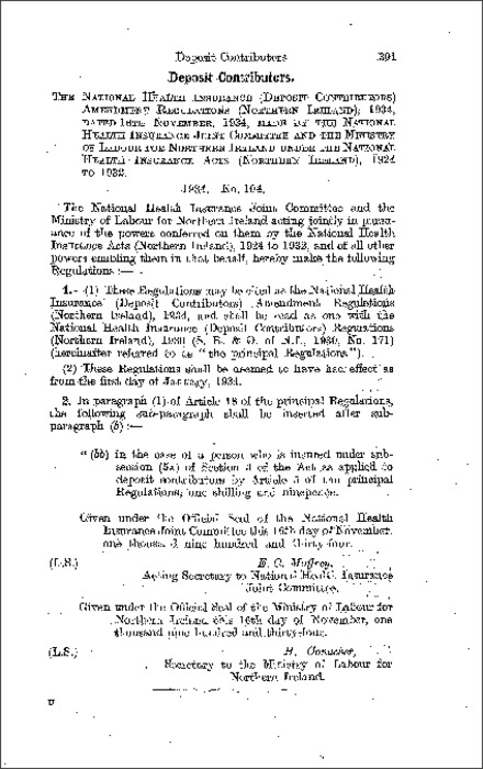 The National Health Insurance (Deposit Contributors) Amendment Regulations (Northern Ireland) 1934