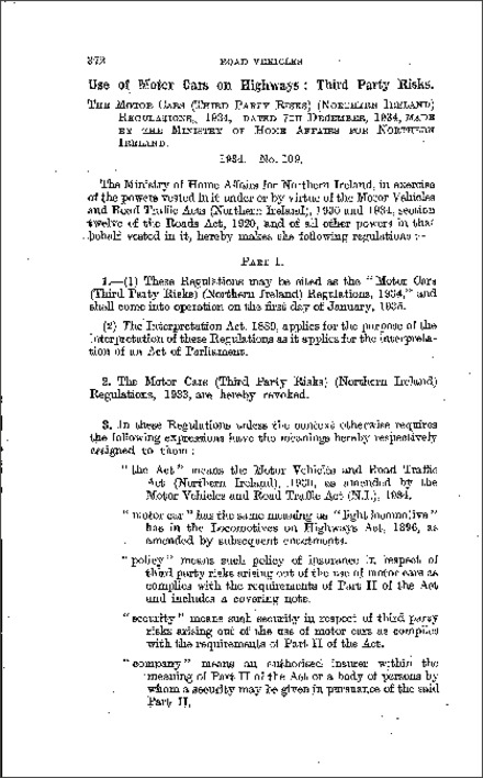 The Motor Cars (Third Party Risks) Regulations (Northern Ireland) 1934