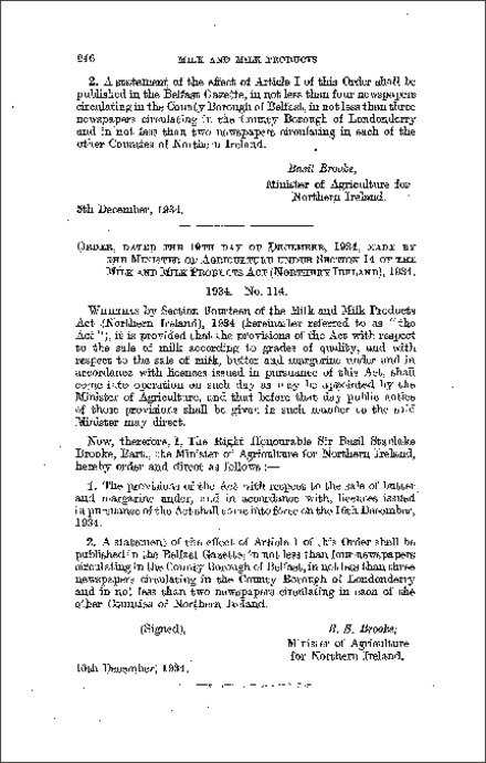 The Milk and Milk Products Act: Date of Operation Order (Northern Ireland) 1934