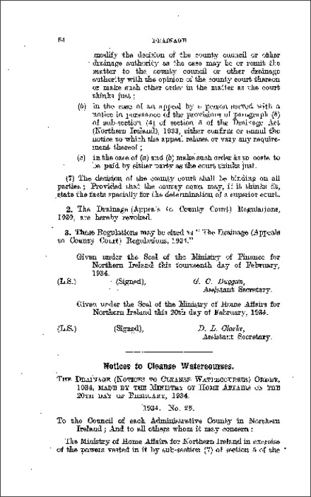 The Drainage (Notices to Cleanse Watercourses) Order (Northern Ireland) 1934