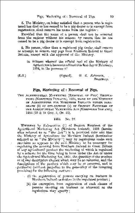 The Agricultural Marketing (Removal of Pigs) Regulations (Northern Ireland) 1934