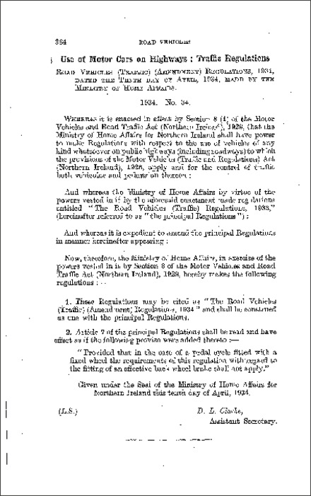 The Road Vehicles (Traffic) (Amendment) Regulations (Northern Ireland) 1934