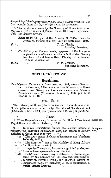 The Mental Treatment Regulations (Northern Ireland) 1934