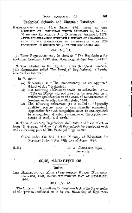 The Technical Teachers, 1932, Amendment Regulations No. 1 (Northern Ireland) 1934