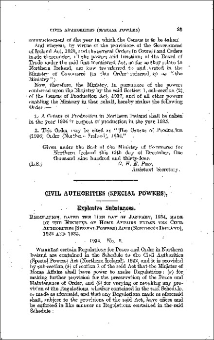 The Civil Authorities: Special Powers: Explosive Substances Regulations (Northern Ireland) 1934