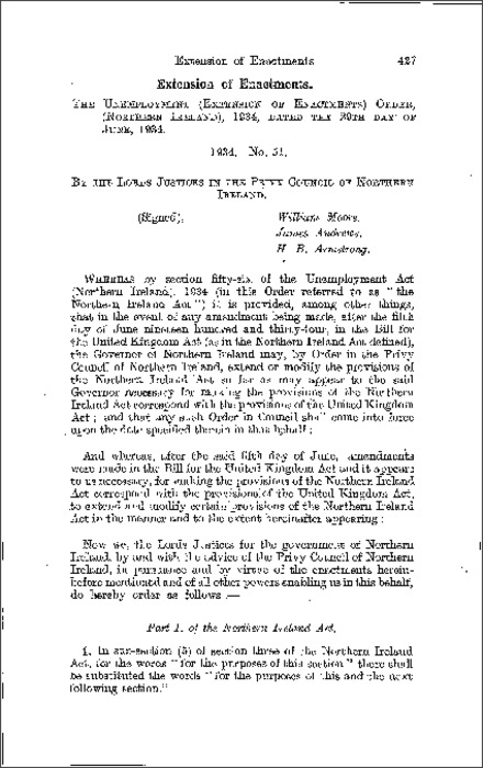 The Unemployment (Extension of Enactments) Order (Northern Ireland) 1934