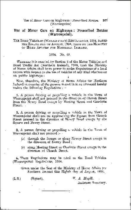 The Road Vehicles (Warrenpoint) Regulations (Northern Ireland) 1934
