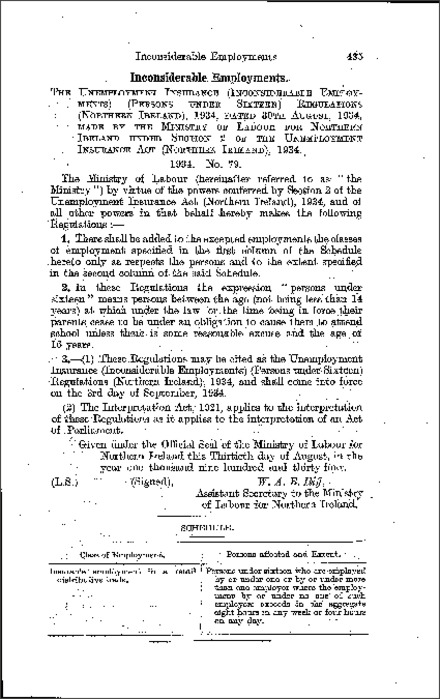 The Unemployment Insurance (Inconsiderable Employments) (Persons under Sixteen) Order (Northern Ireland) 1934