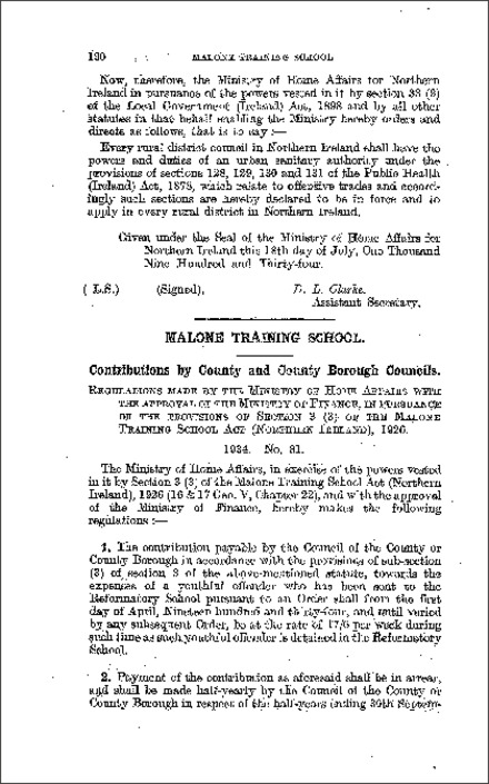 The Malone Training School (Contributions) Regulations (Northern Ireland) 1934