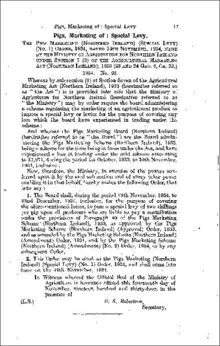 The Pigs Marketing (Special Levy) (No. 1) Order (Northern Ireland) 1934