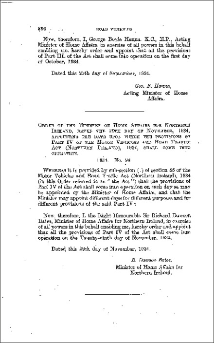 The Motor Vehicles and Road Traffic Act: Date of Operation Order (Northern Ireland) 1934