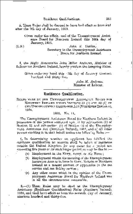 The Unemployment Assistance (Residence Qualification) Rules (Northern Ireland) 1935