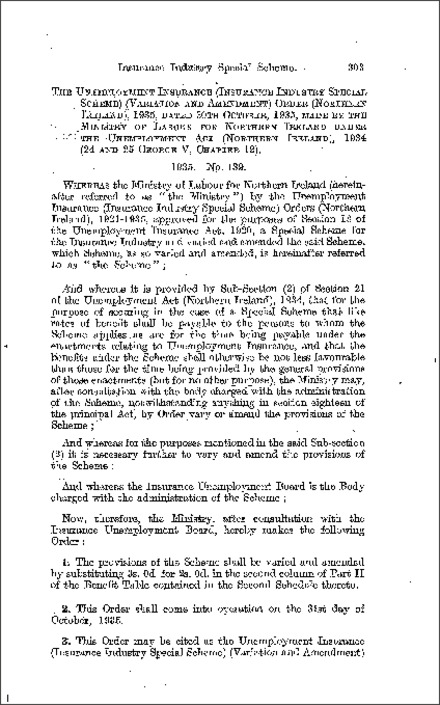 The Unemployment Insurance (Insurance Industry Special Scheme) (Variation and Amendment) Order (Northern Ireland) 1935
