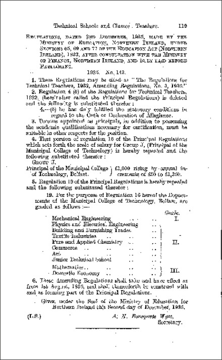 The Technical Teachers 1932 Amending Regulations No. 3 (Northern Ireland) 1935