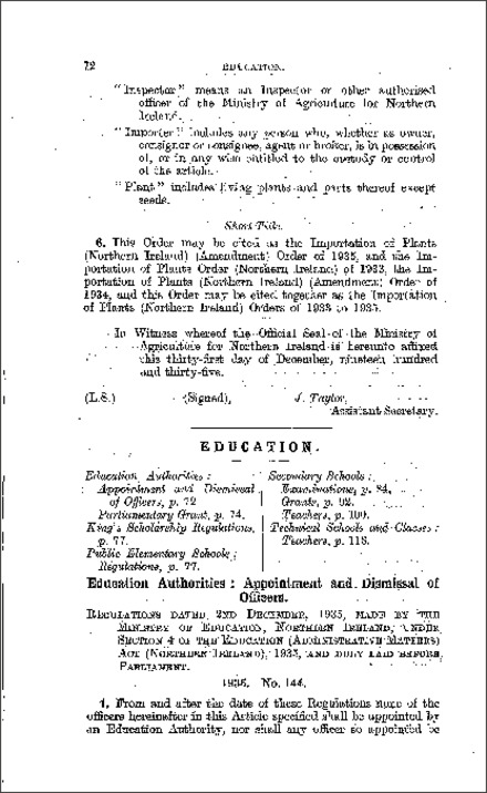 The Appointment and Dismissal of Officers: Education Authorities Regulations (Northern Ireland) 1935