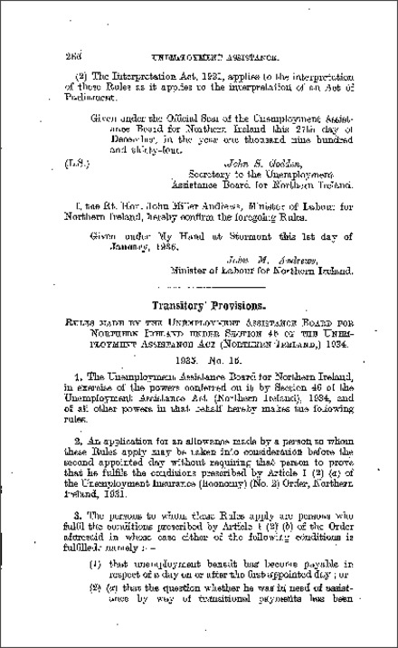 The Unemployment Assistance (Transitory Provisions) Rules (Northern Ireland) 1935