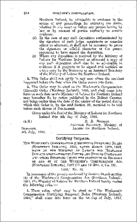 The Workmen's Compensation (Certifying Surgeons) Rules (Northern Ireland) 1935