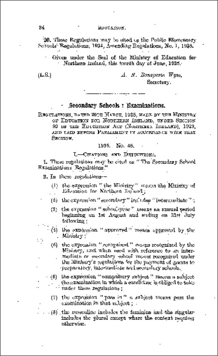 The Secondary School Examinations Regulations (Northern Ireland) 1935