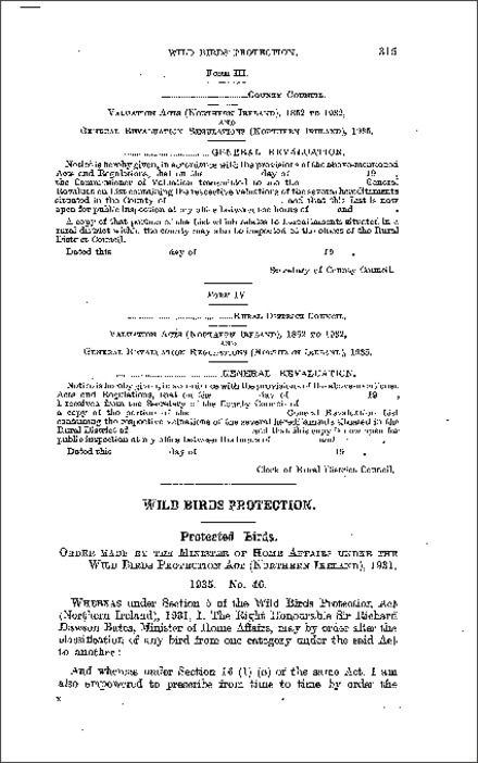 The Wild Birds Protection: Protected Birds Order (Northern Ireland) 1935