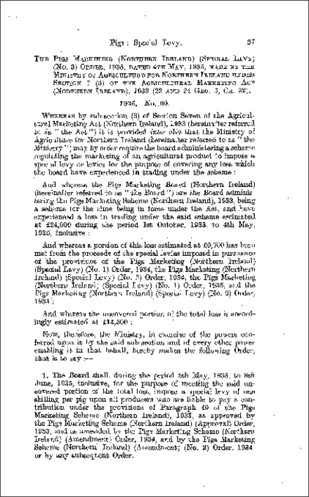 The Pigs Marketing (Northern Ireland) (Special Levy) (No. 3) Order (Northern Ireland) 1935