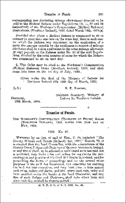 The Workmen's Compensation (Transfer of Funds) Rules (Northern Ireland) 1935