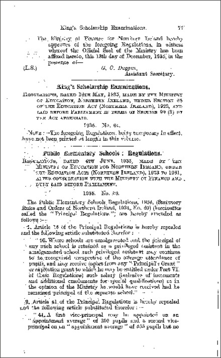 The Public Elementary Schools' Regulations, 1934, Amending Regulations, No. 1 (Northern Ireland) 1935