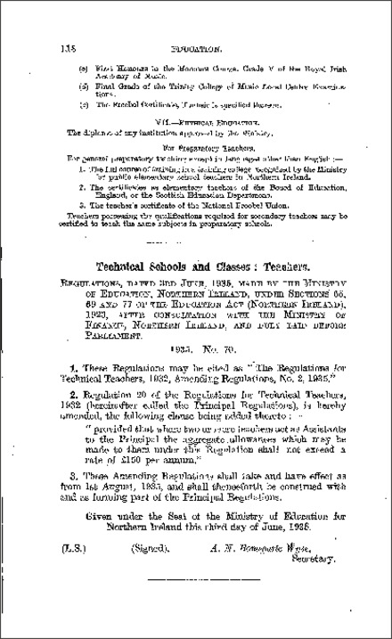 The Technical Teachers, 1932, Amending Regulations, No. 2 (Northern Ireland) 1935