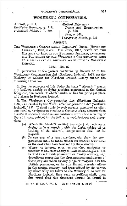 The Workmen's Compensation (Aircraft) Order (Northern Ireland) 1935